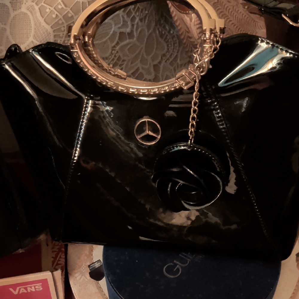 Black Patent Shoulder Bag with Gold Ring Handles